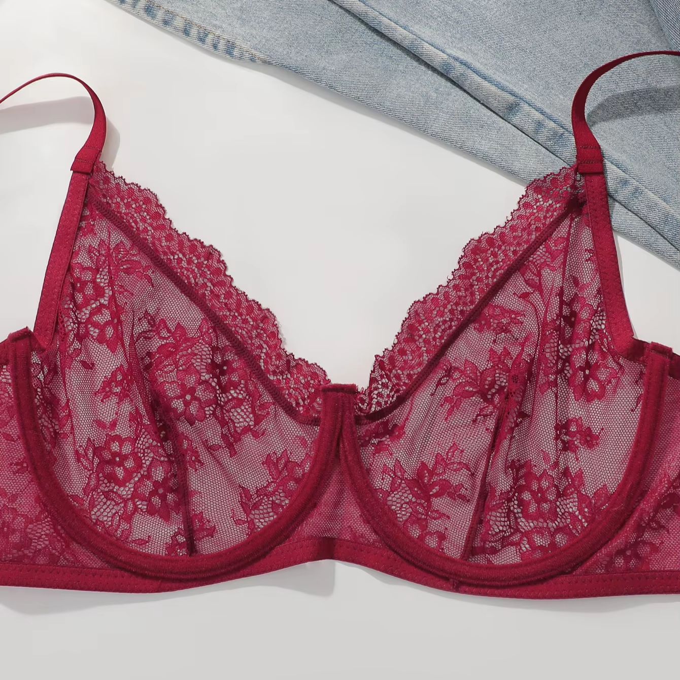Women Plus Size Red Lace Sheer - Sheer Mesh Bra incelemesi ve fiyatı
